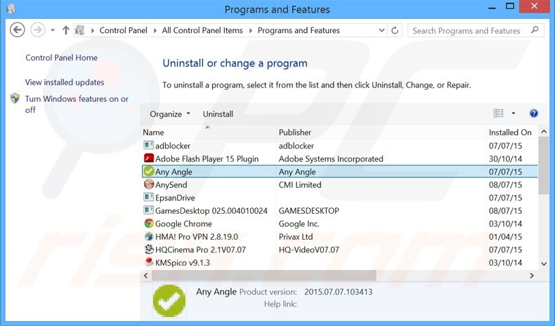 Any Angle adware uninstall via Control Panel