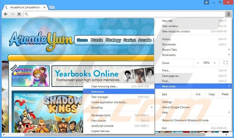 Removing ArcadeYum  ads from Google Chrome step 1