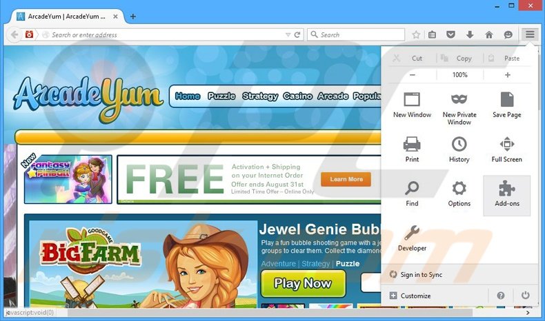 Removing ArcadeYum ads from Mozilla Firefox step 1