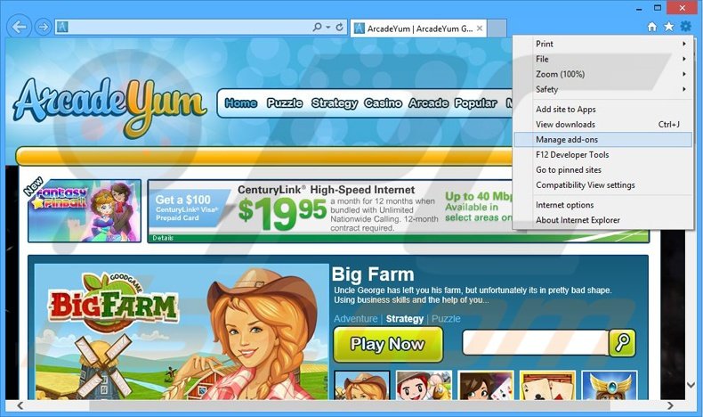 Removing ArcadeYum ads from Internet Explorer step 1