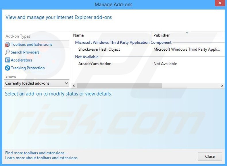 Removing ArcadeYum ads from Internet Explorer step 2