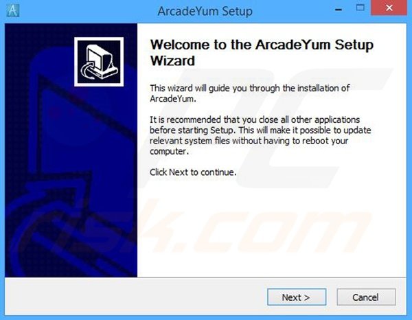 Screenshot of ArcadeYum adware installation setup