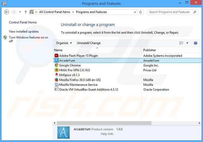 ArcadeYum adware uninstall via Control Panel