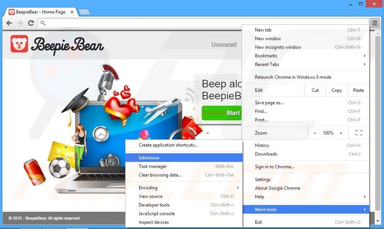 Removing BeepieBear  ads from Google Chrome step 1