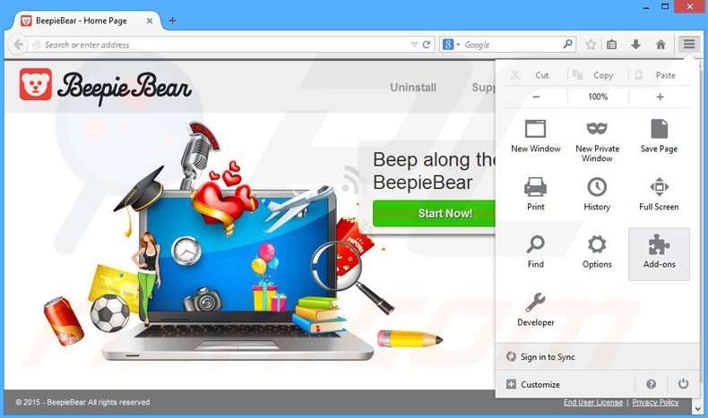 Removing BeepieBear ads from Mozilla Firefox step 1