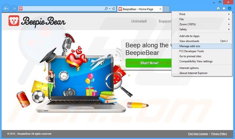 Removing BeepieBear ads from Internet Explorer step 1