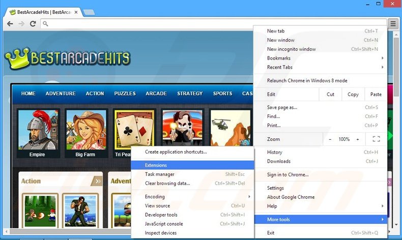 Removing BestArcadeHits  ads from Google Chrome step 1