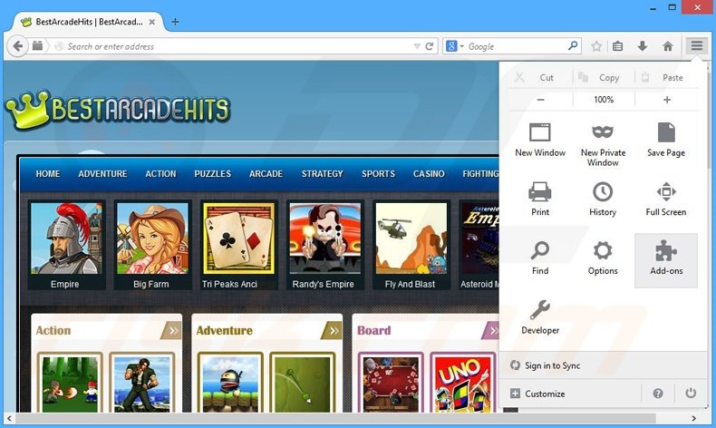 Removing BestArcadeHits ads from Mozilla Firefox step 1