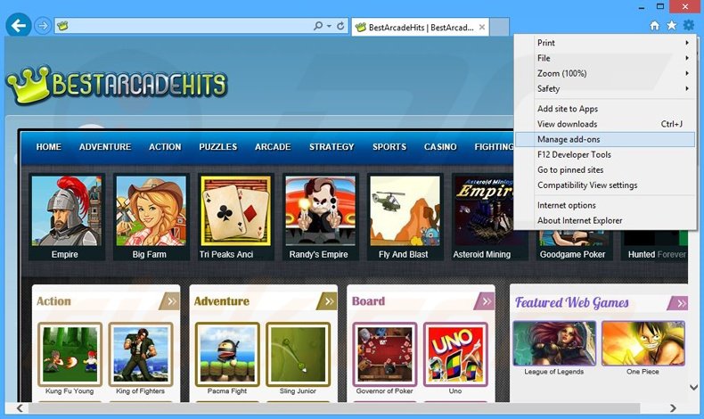 Removing BestArcadeHits ads from Internet Explorer step 1