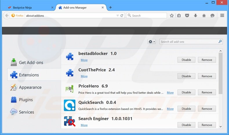 Removing Best Price Ninja ads from Mozilla Firefox step 2
