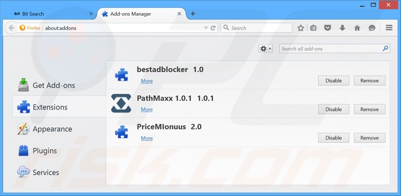 Removing bit-search.com related Mozilla Firefox extensions