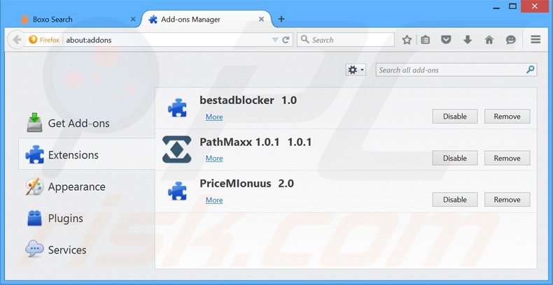 Removing boxo-search.com related Mozilla Firefox extensions