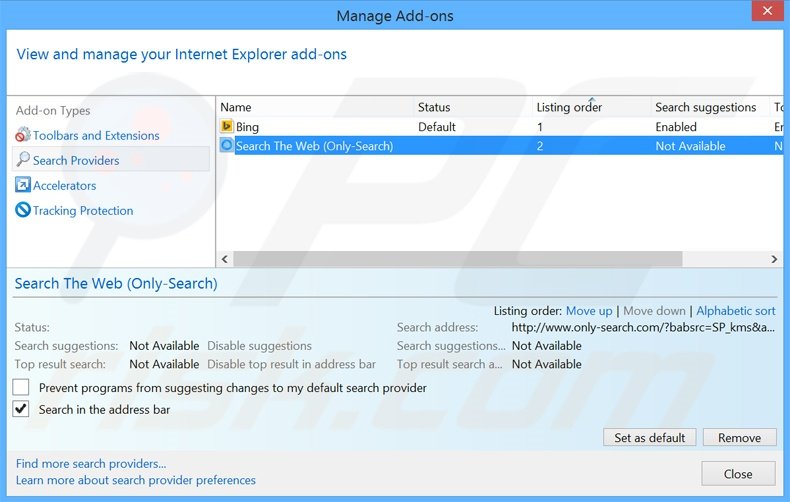 Removing boxo-search.com from Internet Explorer default search engine