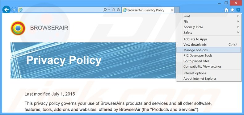 Removing BrowserAir ads from Internet Explorer step 1