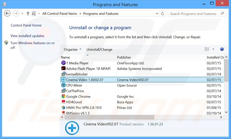 Cinema Video adware uninstall via Control Panel