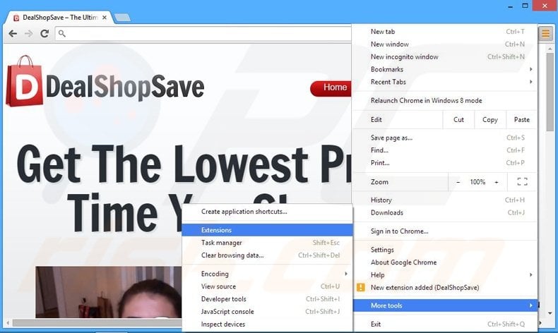 Removing DealShopSave ads from Google Chrome step 1
