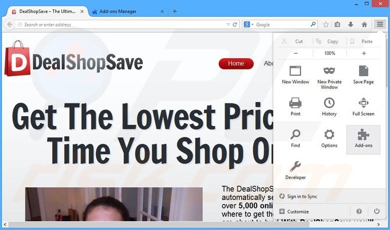 Removing DealShopSave ads from Mozilla Firefox step 1