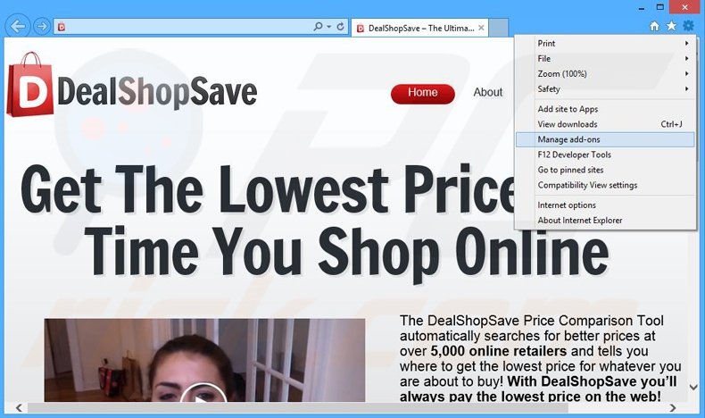 Removing DealShopSave ads from Internet Explorer step 1