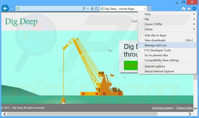 Removing Dig Deep ads from Internet Explorer step 1