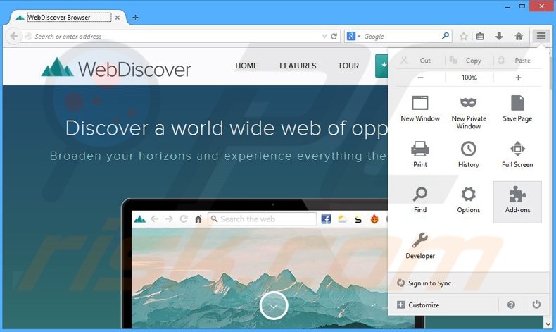 Removing WebDiscover ads from Mozilla Firefox step 1