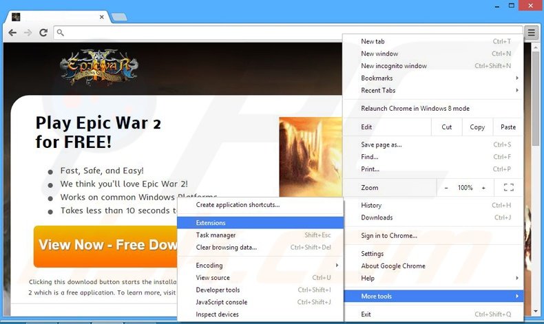 Removing Epic War 2 ads from Google Chrome step 1