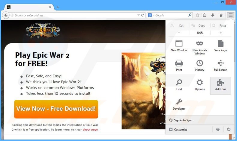 Removing Epic War 2 ads from Mozilla Firefox step 1