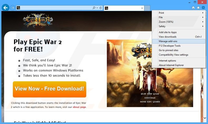 Removing Epic War 2 ads from Internet Explorer step 1