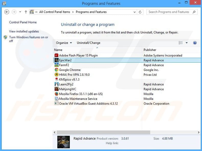 Epic War 2 adware uninstall via Control Panel