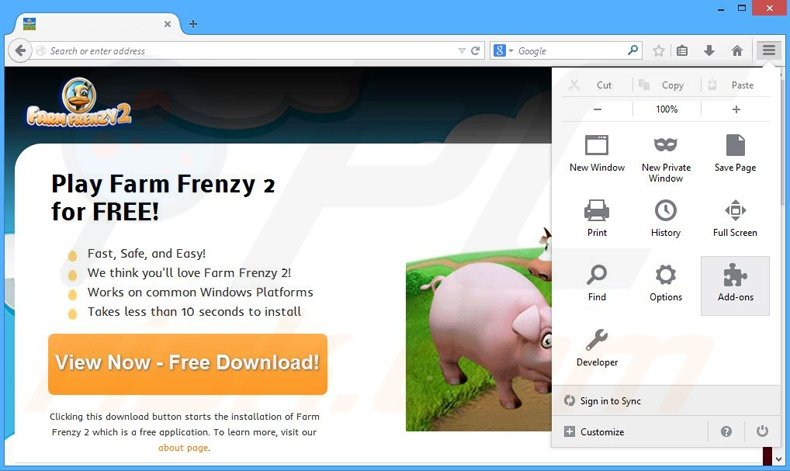 Removing Farm Frenzy 2 ads from Mozilla Firefox step 1