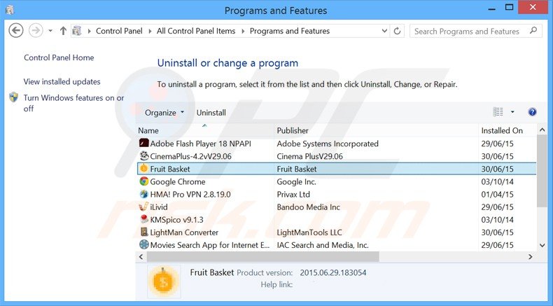 fruit basket adware uninstall via Control Panel