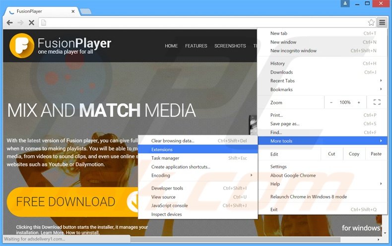 Removing FusionPlayer  ads from Google Chrome step 1