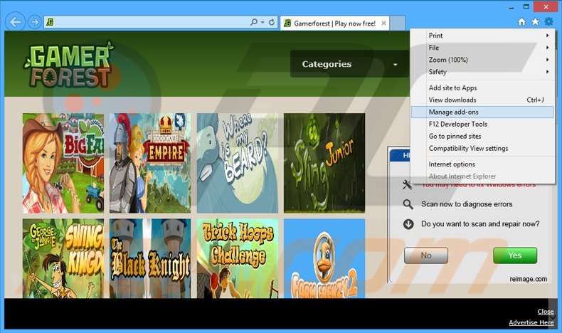 Removing GamerForest ads from Internet Explorer step 1