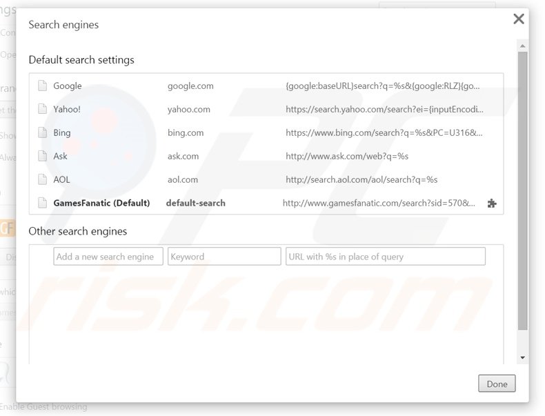 Removing gamesfanatic.com from Google Chrome default search engine
