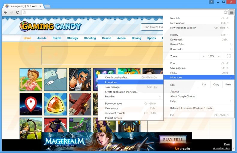 Removing GamingCandy  ads from Google Chrome step 1