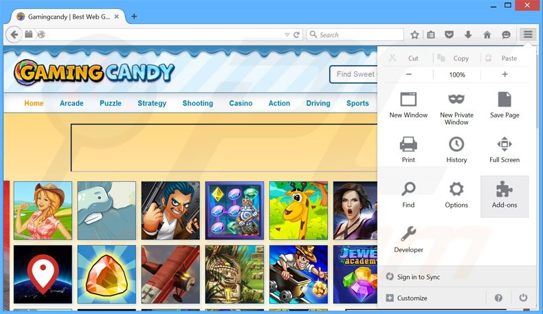 Removing GamingCandy ads from Mozilla Firefox step 1