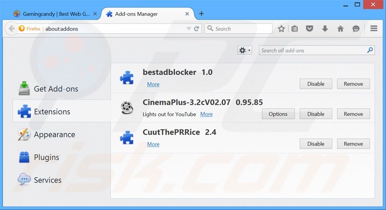 Removing GamingCandy ads from Mozilla Firefox step 2