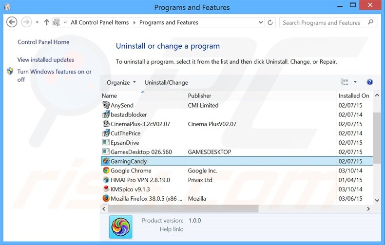 GamingCandy adware uninstall via Control Panel