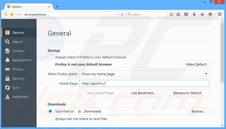 Removing goinf.ru from Mozilla Firefox homepage