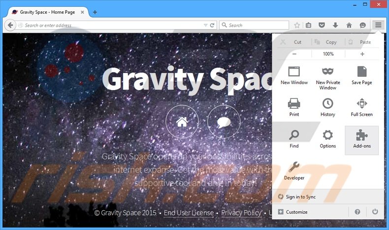 Removing Gravity Space ads from Mozilla Firefox step 1