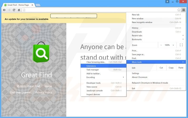 Removing Great Find  ads from Google Chrome step 1