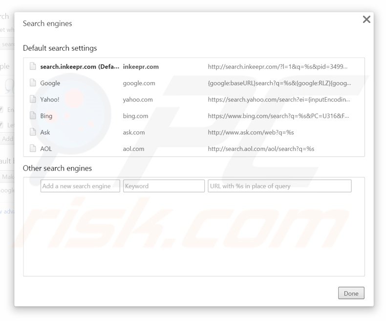 Removing search.inkeepr.com from Google Chrome default search engine