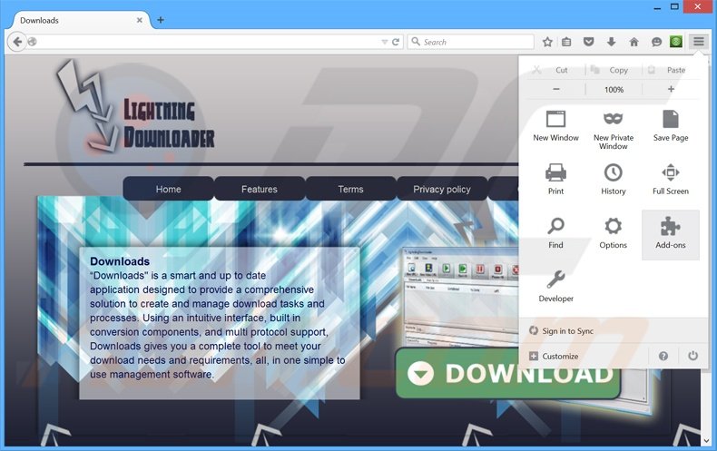 Removing LightningDownloader ads from Mozilla Firefox step 1