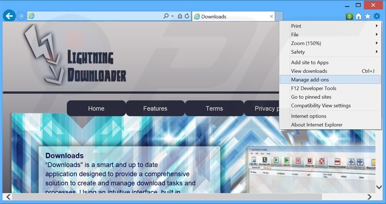Removing LightningDownloader ads from Internet Explorer step 1