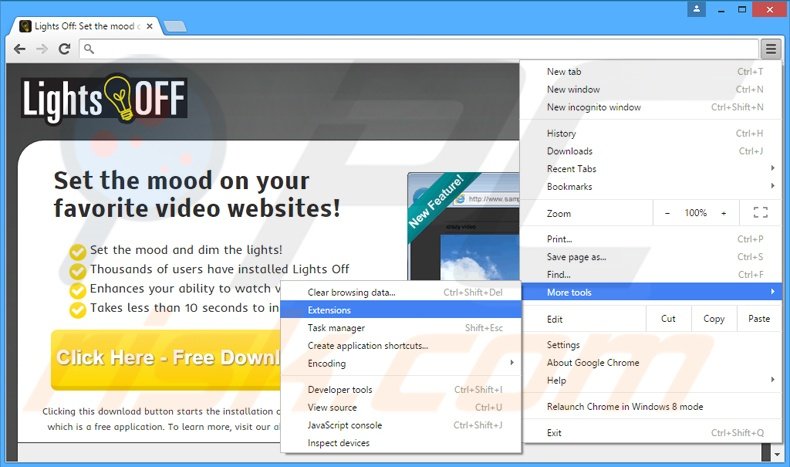 Removing Lights Off from Google Chrome step 1