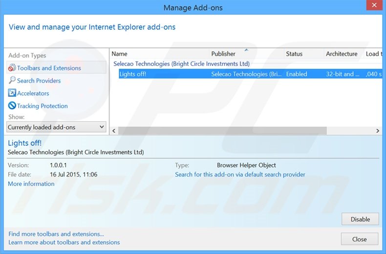 Removing Lights Off from Internet Explorer step 2