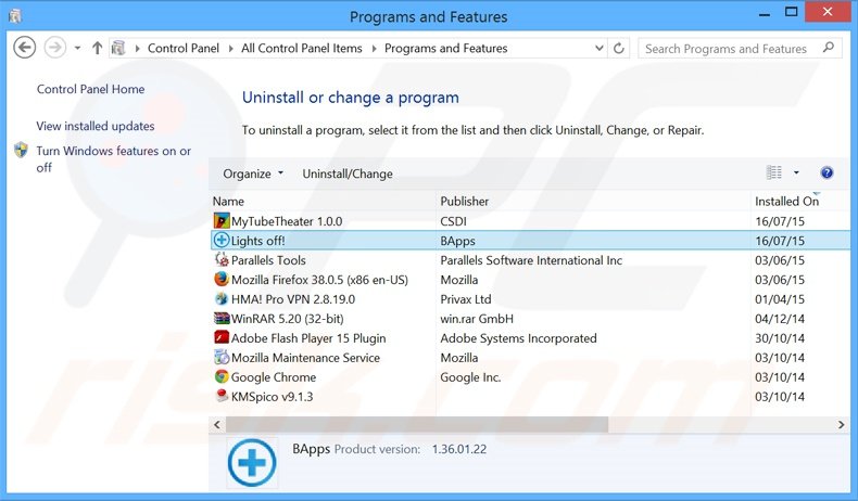 Lights Off uninstall from Control Panel