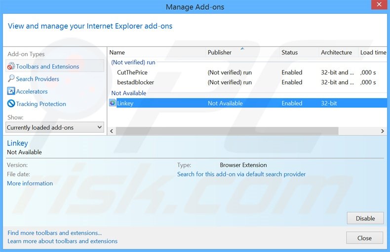 Removing Linkey Deals ads from Internet Explorer step 2