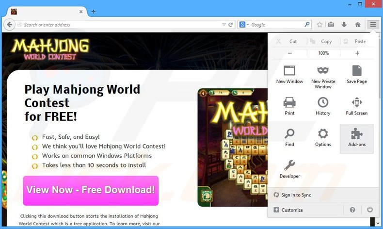 Removing Mahjong World Contest ads from Mozilla Firefox step 1