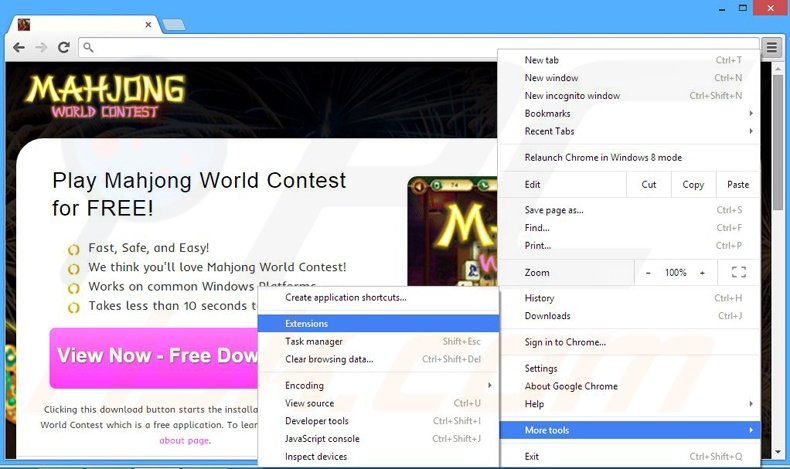 Removing Mahjong World Contest ads from Google Chrome step 1
