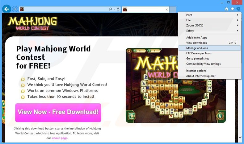Removing Mahjong World Contest ads from Internet Explorer step 1